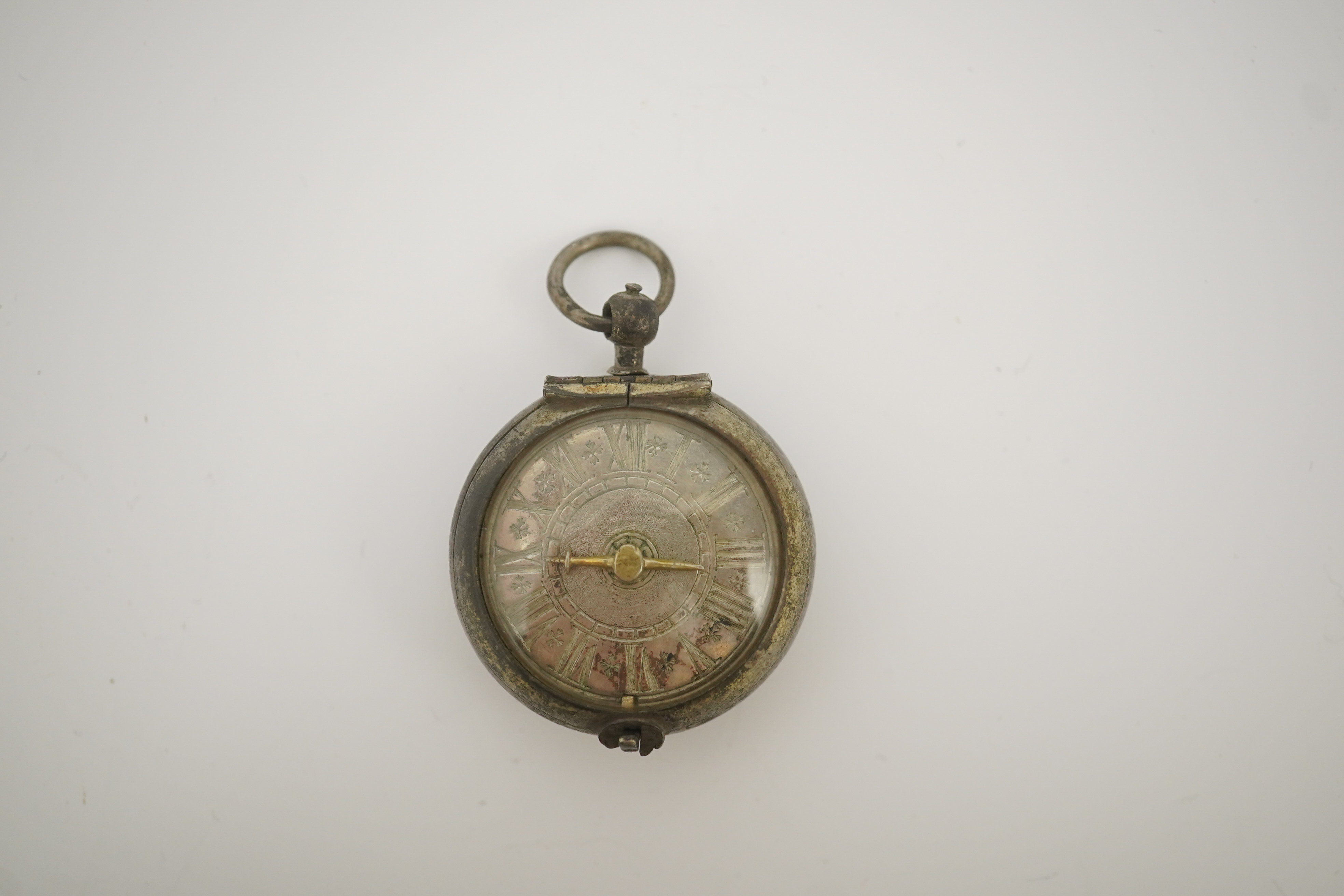 A 17th century style silver pill/poison box modelled as a single hand pocket watch